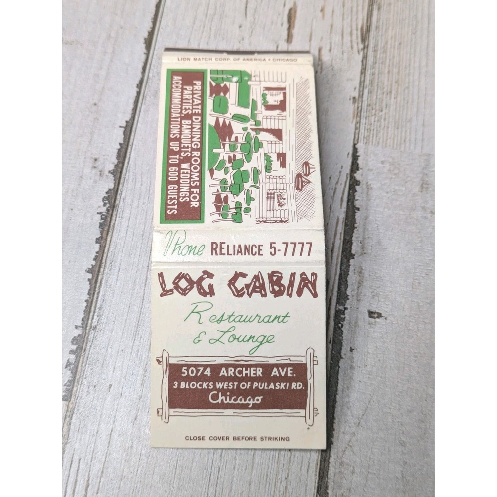 Vintage Matchbook Cover Log Cabin Restaurant & Lounge Chicago, IL Since 1937‎